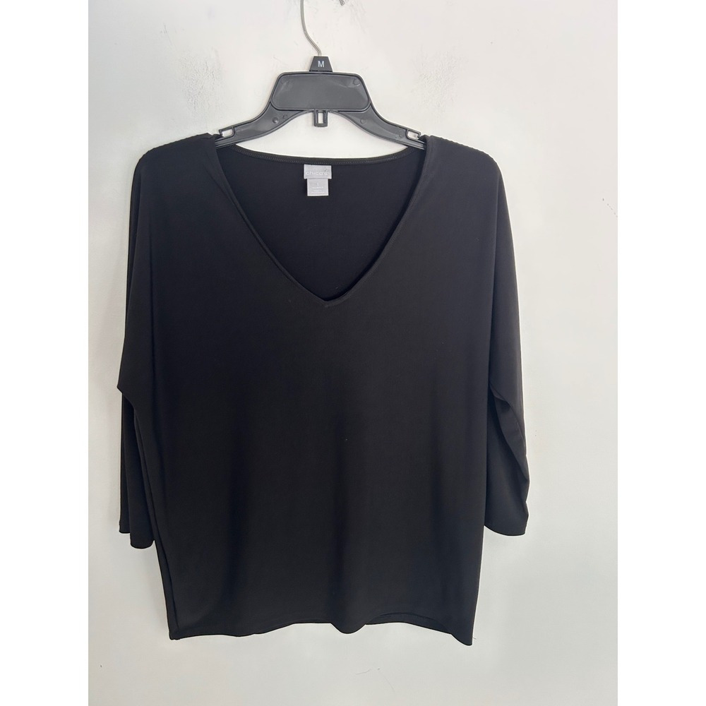 Chicos Black V-Neck Dolman‎ 3/4 Sleeve Matte Jersey Knit Top Size 1 Medium